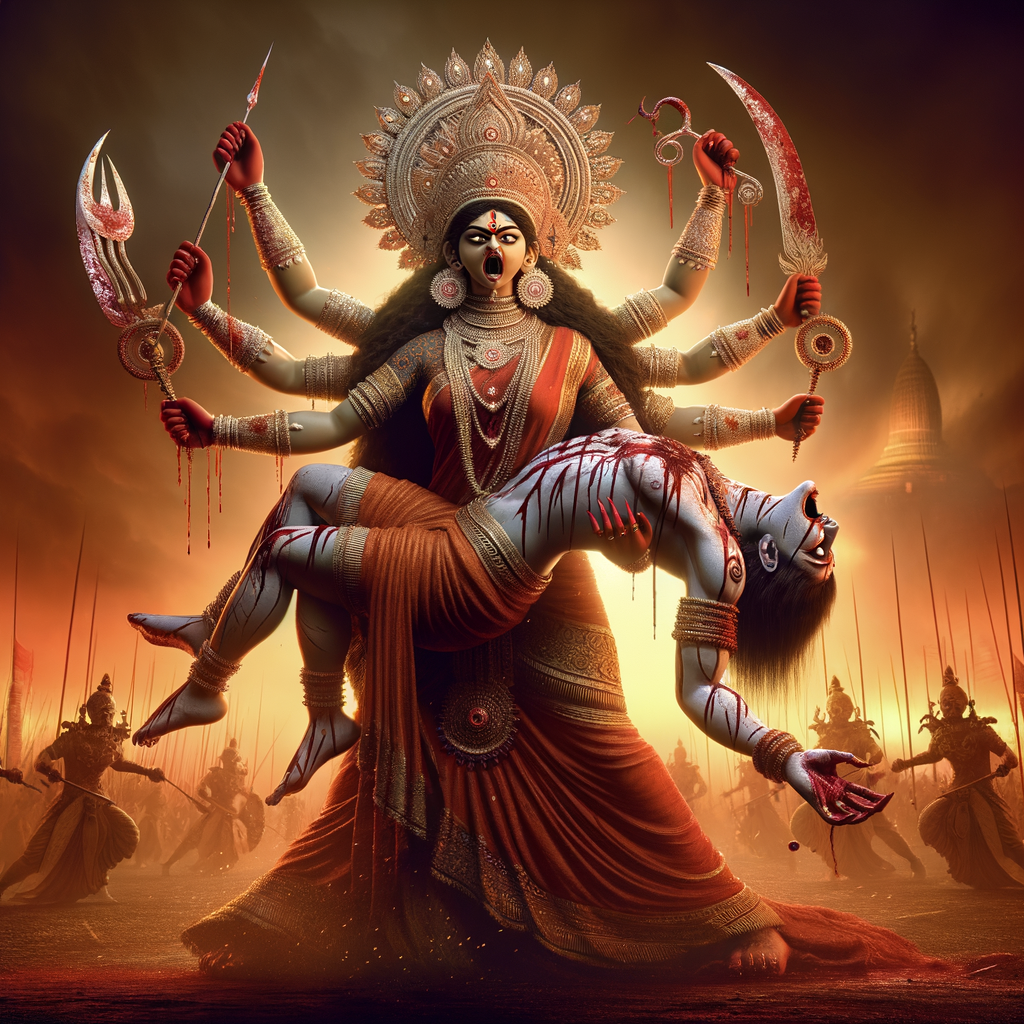 Portrait of angry four-armed goddess durga slaying mahishasur by carrying him in her arms and stabbing him with her red long nails. she should wear Gold jewelry all over the body. Mahishasur should have wounds all over his body. mahishasur should be smaller in size compared to Goddess durga. Background is an intense battlefield. reddish hue everywhere and sunset in the background.  Epic scene. 4k, HDR.