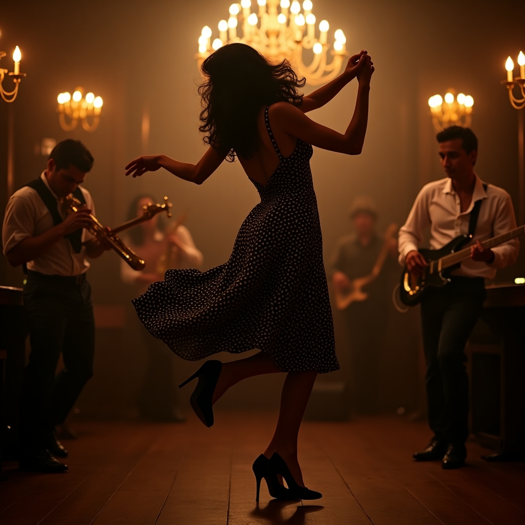 A dynamic, cinematic shot taken on a Leica M10 with a 35mm f/1.4 lens. Dahlia Valentina (DahliaValentina_ai) (fit tall supple well endowed tanned Italian American model with long wavy black hair) swings effortlessly in a late-night 1940s jazz club, her polka-dot dress billowing as she is spun into an aerial move by her dance partner. Her expression is joyful, her black heels barely touching the wooden floor. The dimly lit club, filled with vintage chandeliers, brass instruments, and smoky silhouettes, creates a moody yet vibrant energy. A live band plays in the background, the brass gleaming under soft amber lighting. Her hair flows as she moves, exuding playful charm. The photograph captures the pure joy of swing dancing—fast, fluid, and effortlessly stylish.”