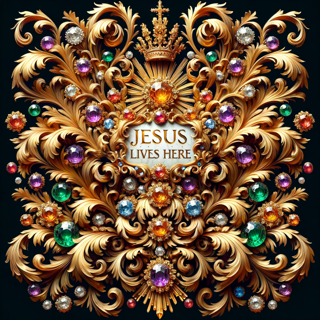 Create an opulent and intricately detailed artwork that captures the essence of baroque style. The image should be centered around an elaborate and elegant inscription that says "Jesus Lives Here" in stylized, golden script. This central message should be framed by an abundance of swirling, golden acanthus leaves that embody the grandeur of baroque ornamentation. Adorning this lush foliage, a dazzling array of multi-colored gemstones, including rubies, sapphires, emeralds, and amethysts, should glint and sparkle with realistic light reflections. These jewels
 should vary in cut and size, adding to the richness and depth of the image. The overall piece should radiate a sense of divine opulence and splendor.