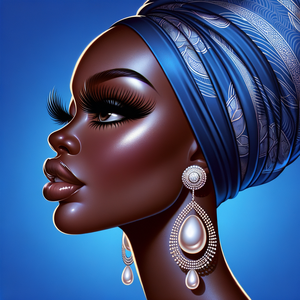 Create an airbrushed digital portrait of an animated
African-American woman in profile against a solid cobalt
blue backdrop. Her radiant skin, strikingly long eyelashes, a
pronounced nose, and voluminous natural glossy lips are
showcased. She wears a headwrap adorned with intricate
diamond patterns. Large, elegant pearl drop earrings
complete her appearance, showcasing the entire headshot
details with a focus on sophistication and grace. The digital
art should highlight her striking features against the vibrant
background, creating a visually stunning piece.