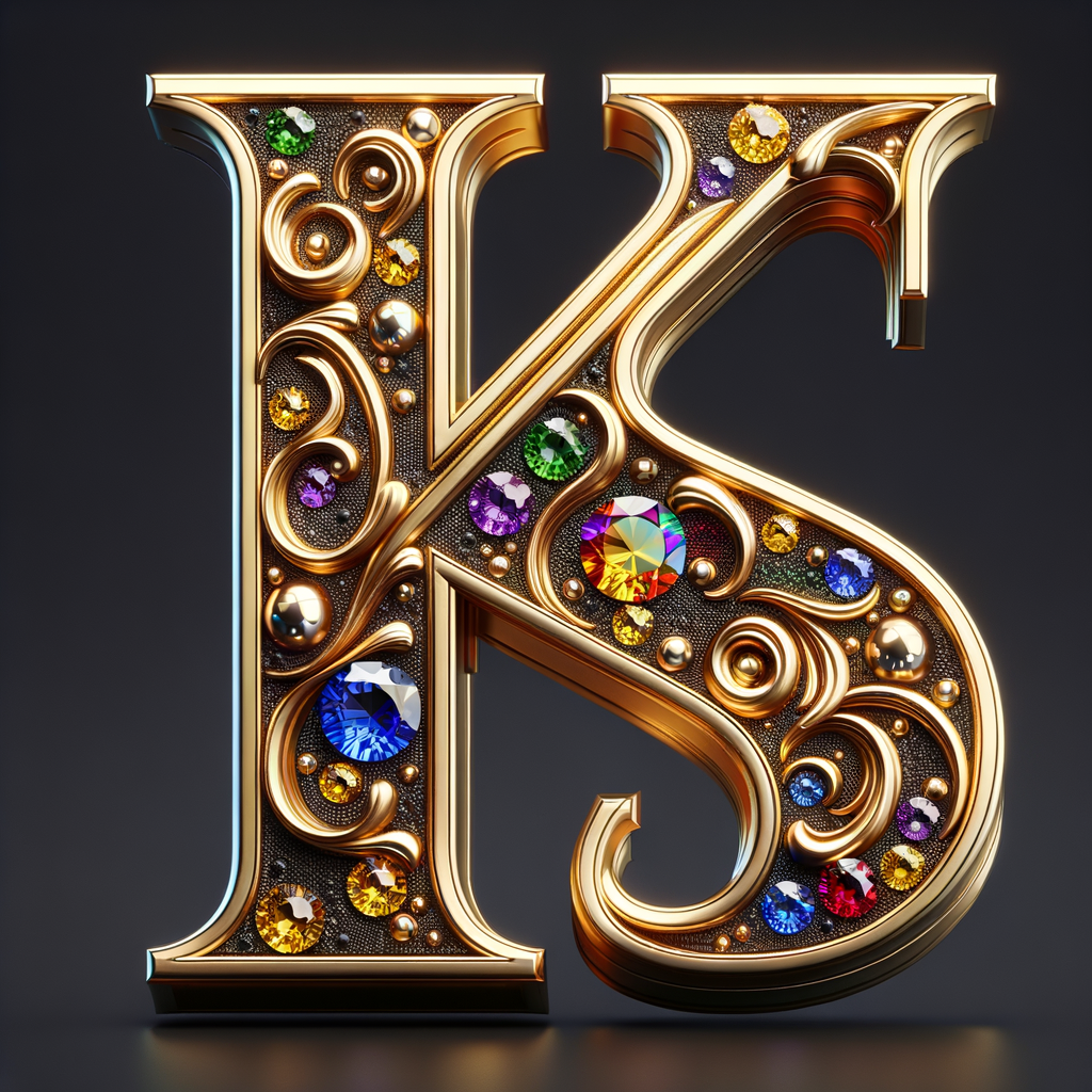 Create a 3-D realistic image with the letters  K.S. in gold raised letters , Add diamonds and colorful jewels