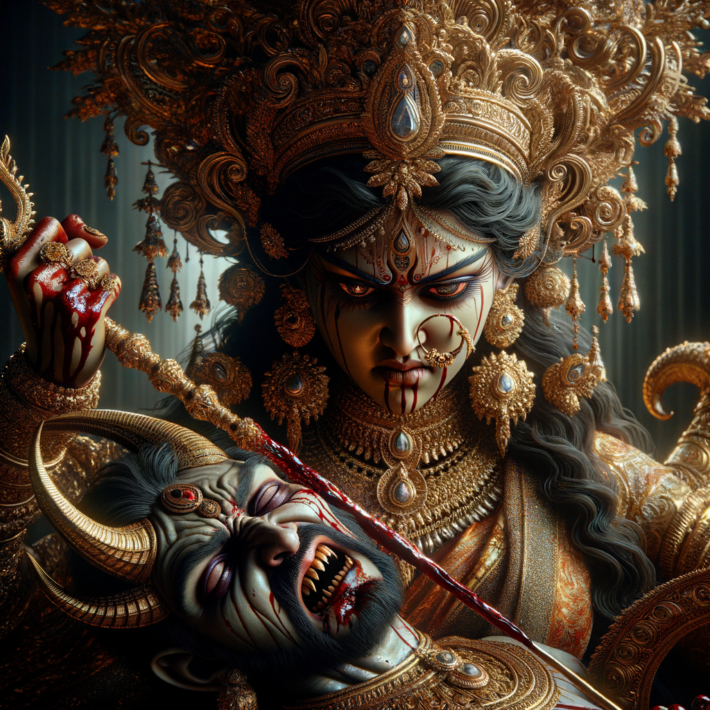 portrait of angry looking goddess durga sitting on a gold crown and carrying a weak mahishasur on her lap and stabbing him with her amazingly designed trident. She is wearing gold armor, a huge gold crown, gold saree, abundant  gold jewelry, covered in blood. The scene is set in ancient India. The image is 8K resolution, cinematic, ultra detailed face and epic.