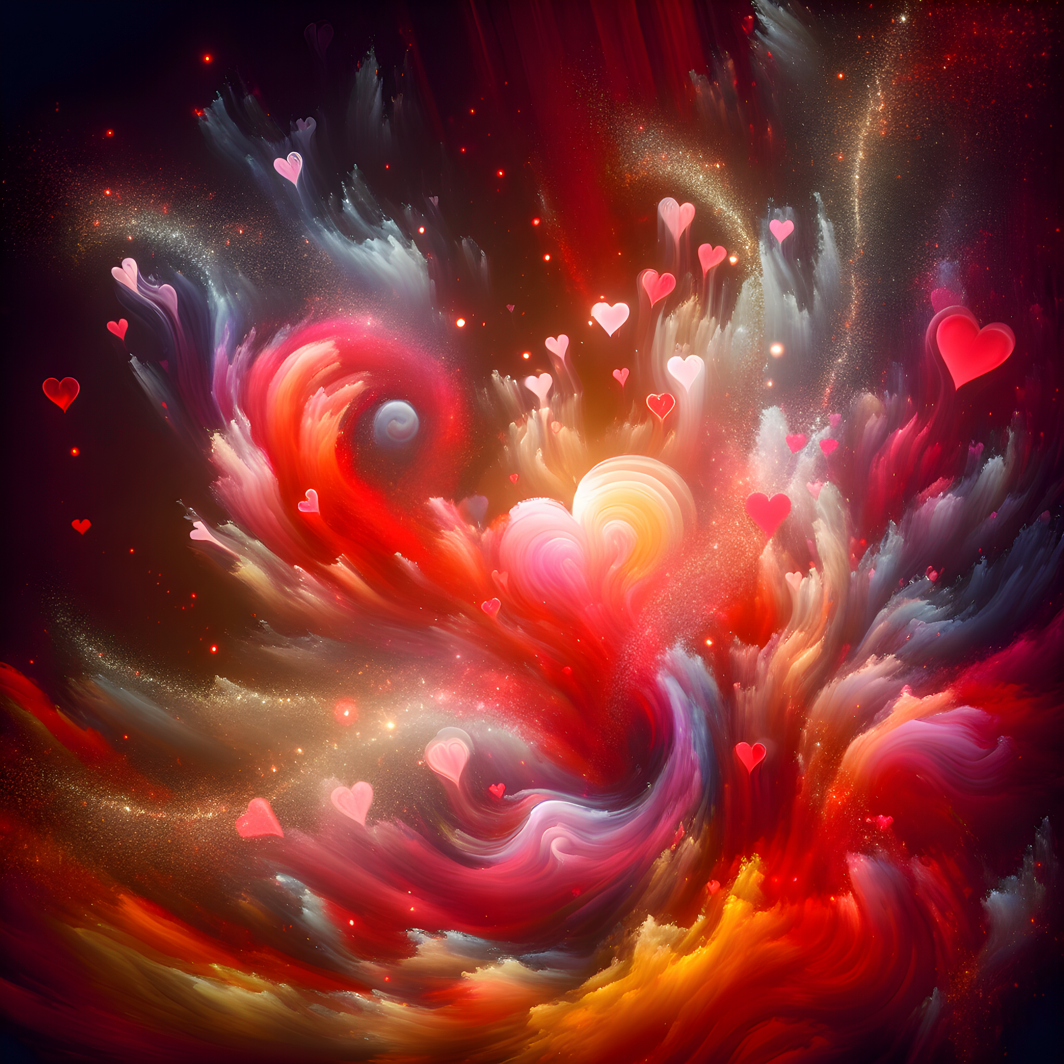 "Imagine an explosion of vibrant, swirling colors merging in an abstract dance of red, pink, and gold. Heart shapes subtly emerge and dissolve within the strokes, while intricate patterns symbolize love and connection. Flecks of light sparkle throughout, embodying the warmth and passion of Valentine's Day."