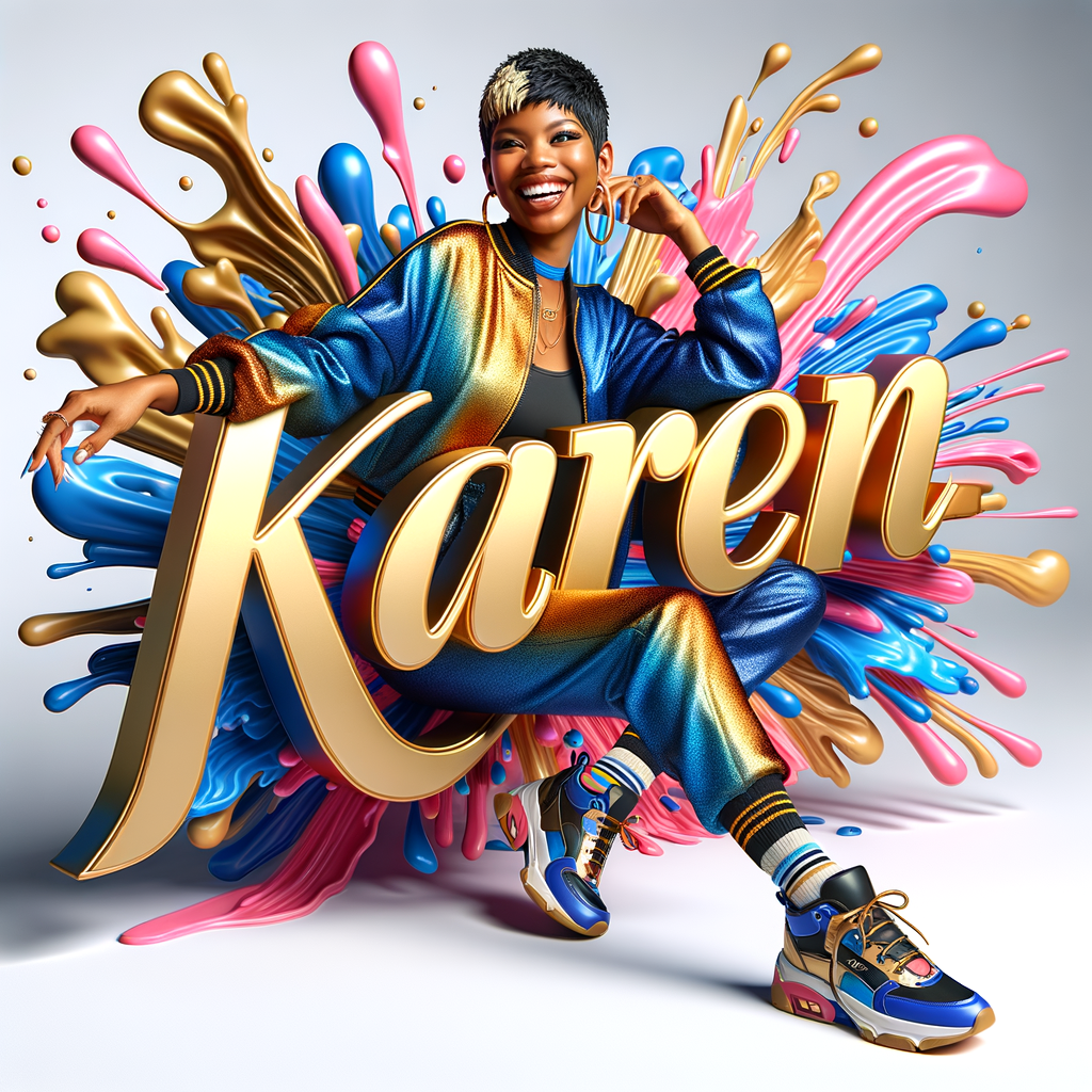 3D writing name "KAREN" bold glossy gold. There is a beautiful African-American latino woman, smiling with a black and blonde pixie cut hairdo,blue and gold trendy jacket and outfits in blue, pink, and gold tones, sport shoes, sitting under the name. Her outfits are glossy. dynamic color explosion background, of pink, blue, gold colors, splashed on white wall