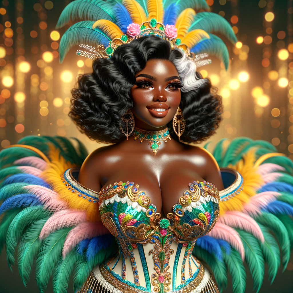 Create a 3-D  vivid full-body view of a colorful glossy hyper-realistic oil painting of a detailed illustration full length photo single image of a beautiful African-American caramel skinned woman plus sized, with long, black, wavy hair, her make up is airbrushed and flawless, she is dressed in a white, teal and yellow large, elaborate, elegant, very detailed carnival costume with colorful African-American pink, blue, gold yellow green feathers, flawless makeup, prominent lashes, black peep toe heels, white pixie hair, background bokeh, she is stunning and smiling, digital art.