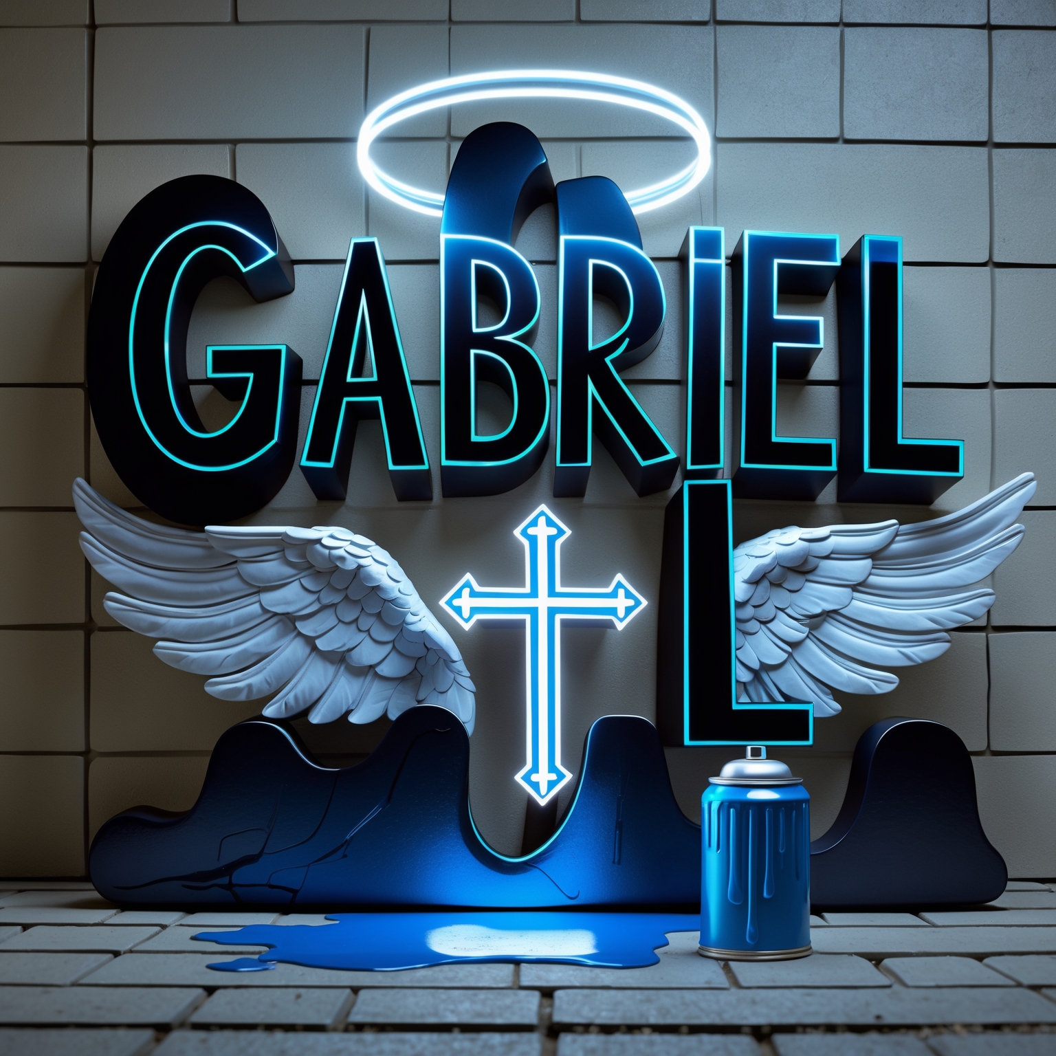 neon urban graffiti rock letters metallic blue and black of name " GABRIEL" with crosses glowing. the name "GABRIEL" also has angel wings & a Silver halo hovering it. in the bottom right corner a can of spray paint dripping with metallic blue liquid. background is vanilla center block wall.