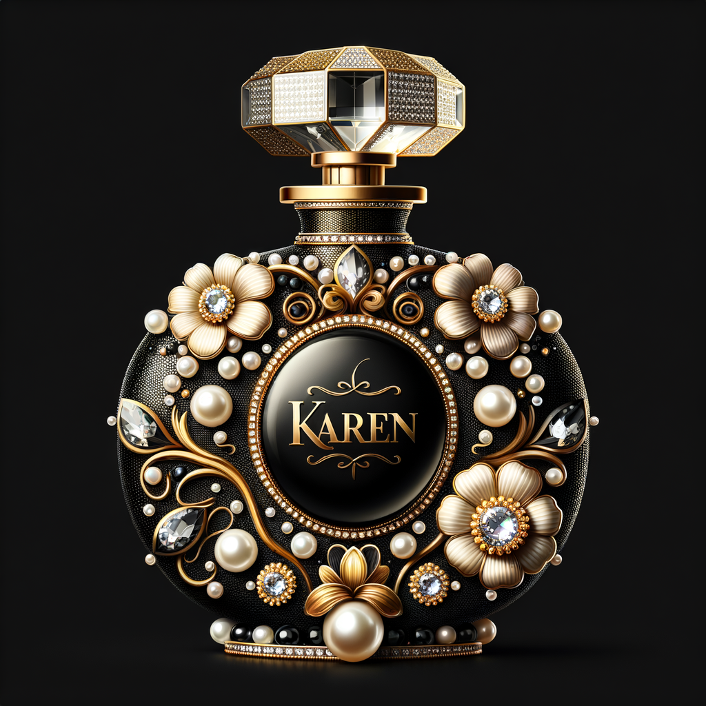 Design a fancy, black and gold bottle of perfume in the shape of a woman’s body. With a golden diamond top, flowers pearls and Diamonds in the name, Karen