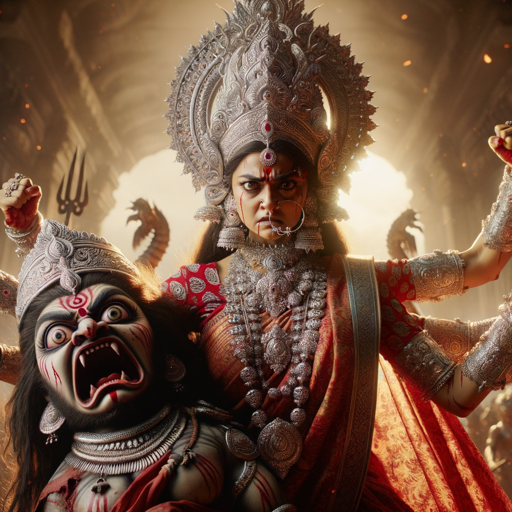 photograph of angry looking, gorgeous goddess durga cosplayer carrying a weak mahishasur in her two arms. She is wearing a huge silver crown, red saree, abundant silver jewelry, covered in blood. The scene is set in ancient India. The image is 8K resolution, cinematic, ultra detailed face and epic.