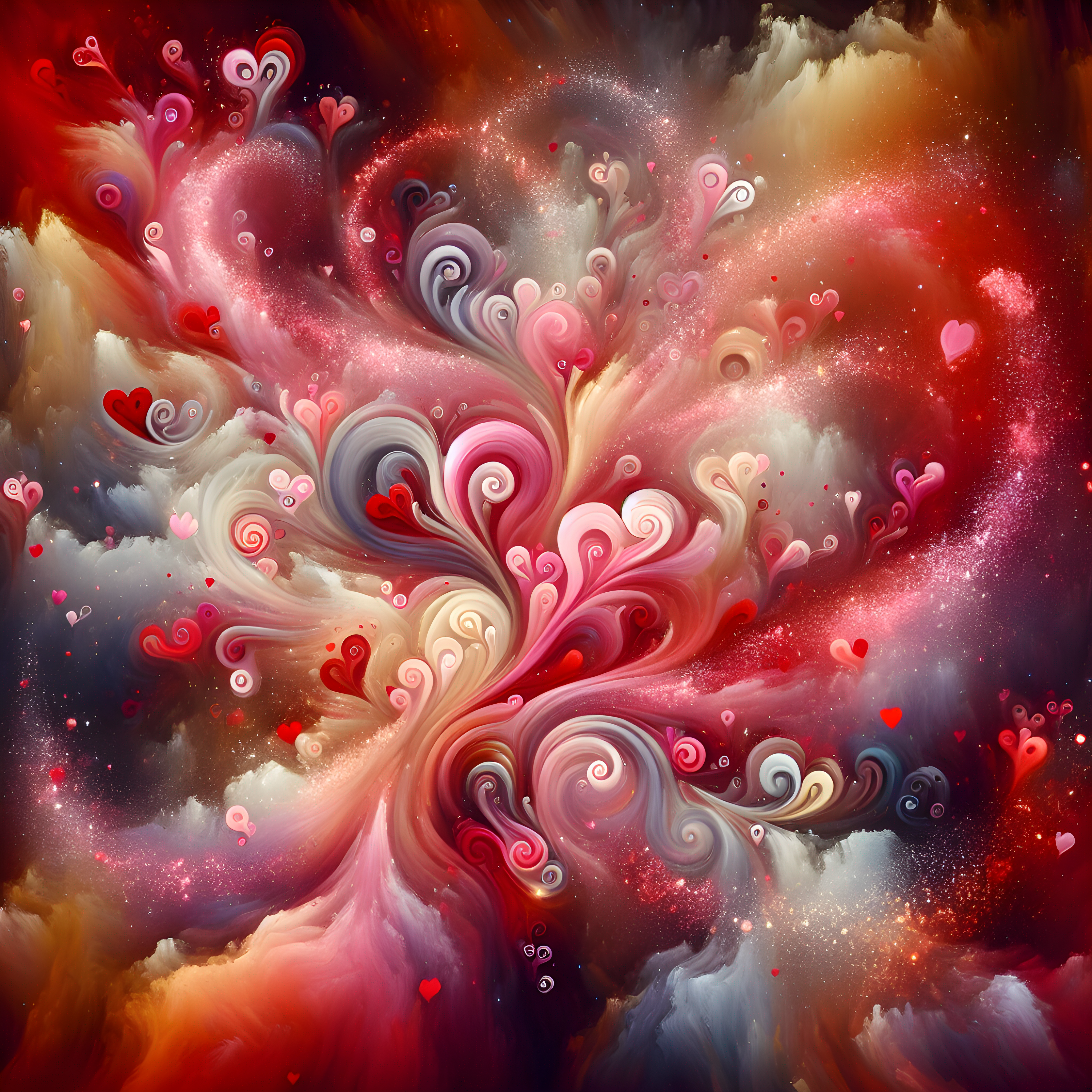 "Imagine an explosion of vibrant, swirling colors merging in an abstract dance of red, pink, and gold. Heart shapes subtly emerge and dissolve within the strokes, while intricate patterns symbolize love and connection. Flecks of light sparkle throughout, embodying the warmth and passion of Valentine's Day."