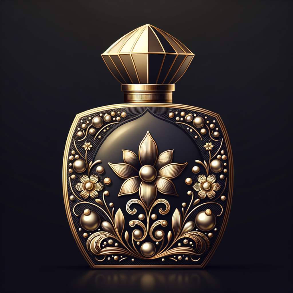 Design a fancy, black and gold bottle of perfume in the shape of a woman’s body. With a golden diamond top, flowers pearls and Diamonds in the name, Karen