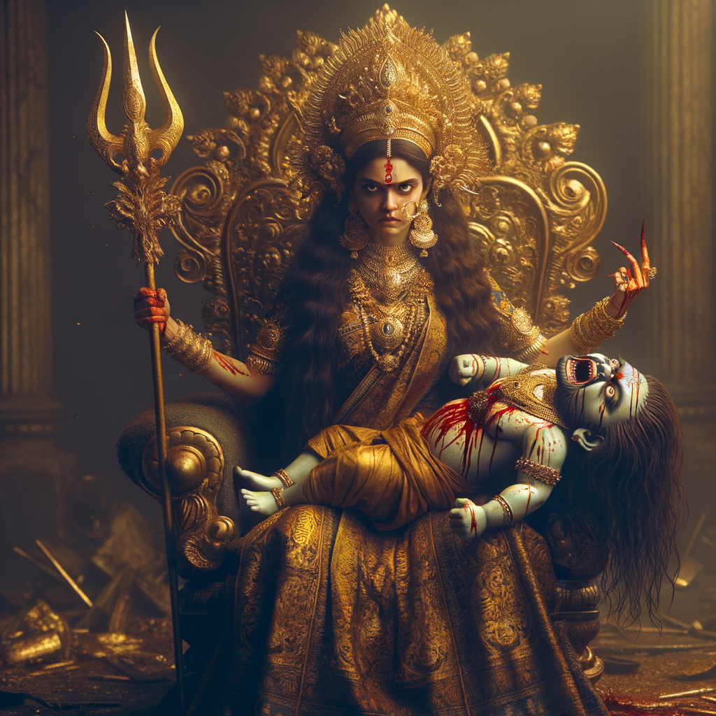 portrait of angry looking goddess durga sitting on a gold crown and carrying a weak mahishasur on her lap and she is stabbing his belly with her amazingly designed trident. She is wearing gold armor, a huge gold crown, gold saree, abundant  gold jewelry, covered in blood. The scene is set in ancient India. The image is 8K resolution, photography, cinematic, ultra detailed face and epic