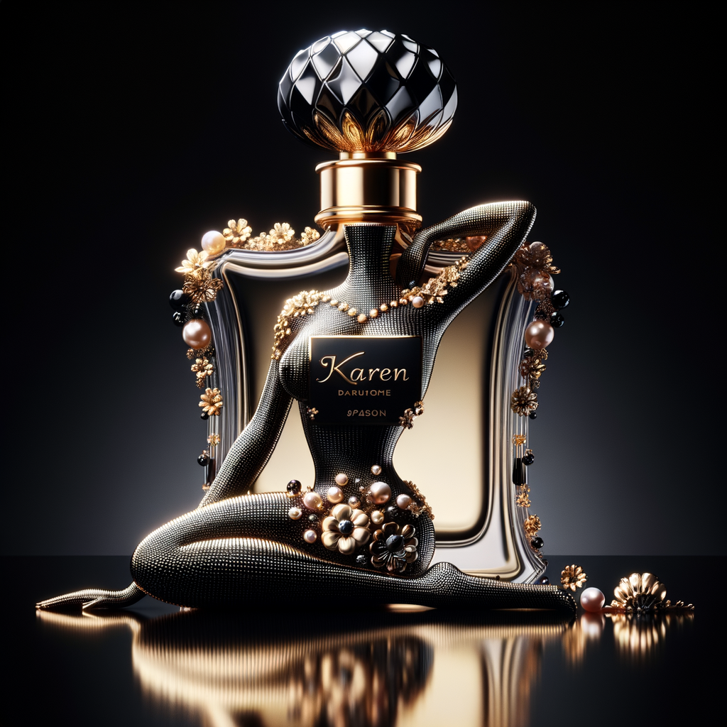 Design a fancy, black and gold bottle of perfume in the shape of a woman’s body. With a golden diamond top, flowers pearls and Diamonds in the name, Karen