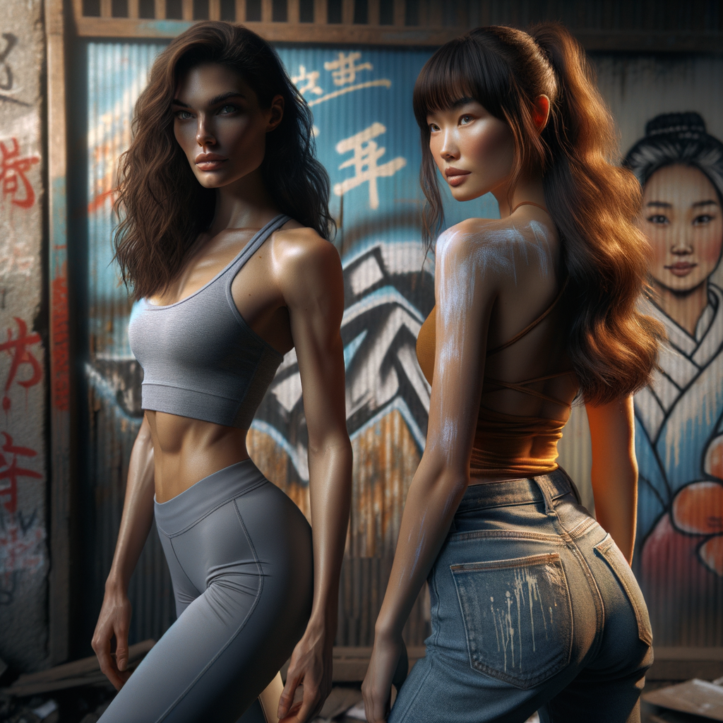 Athletic Thin skinny Attractive, Asian teenage girl, long brown hair and bangs, wearing tight skinny jeans and a halter top paint marks on her clothing, heroic pose Asian graffiti background, backside view