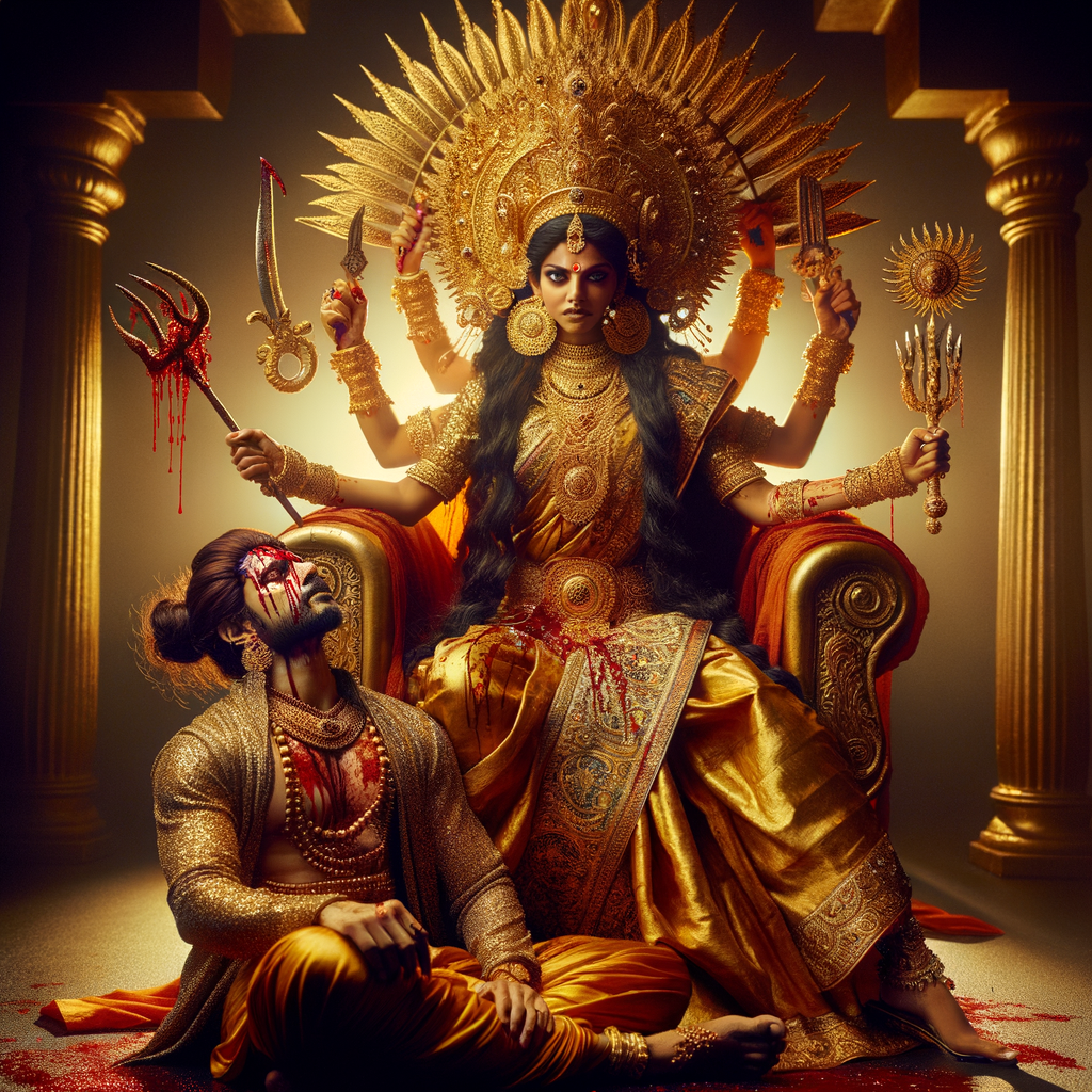 portrait of angry looking goddess durga cosplayer sitting on a gold crown and carrying a weak mahishasur cosplayer on her lap and she is stabbing his belly  with her amazing long fingernails. She is wearing gold armor, a huge gold crown, gold saree, abundant  gold jewelry, covered in blood. The scene is set in ancient India. The image is 8K resolution, photography, cinematic, ultra detailed face and epic