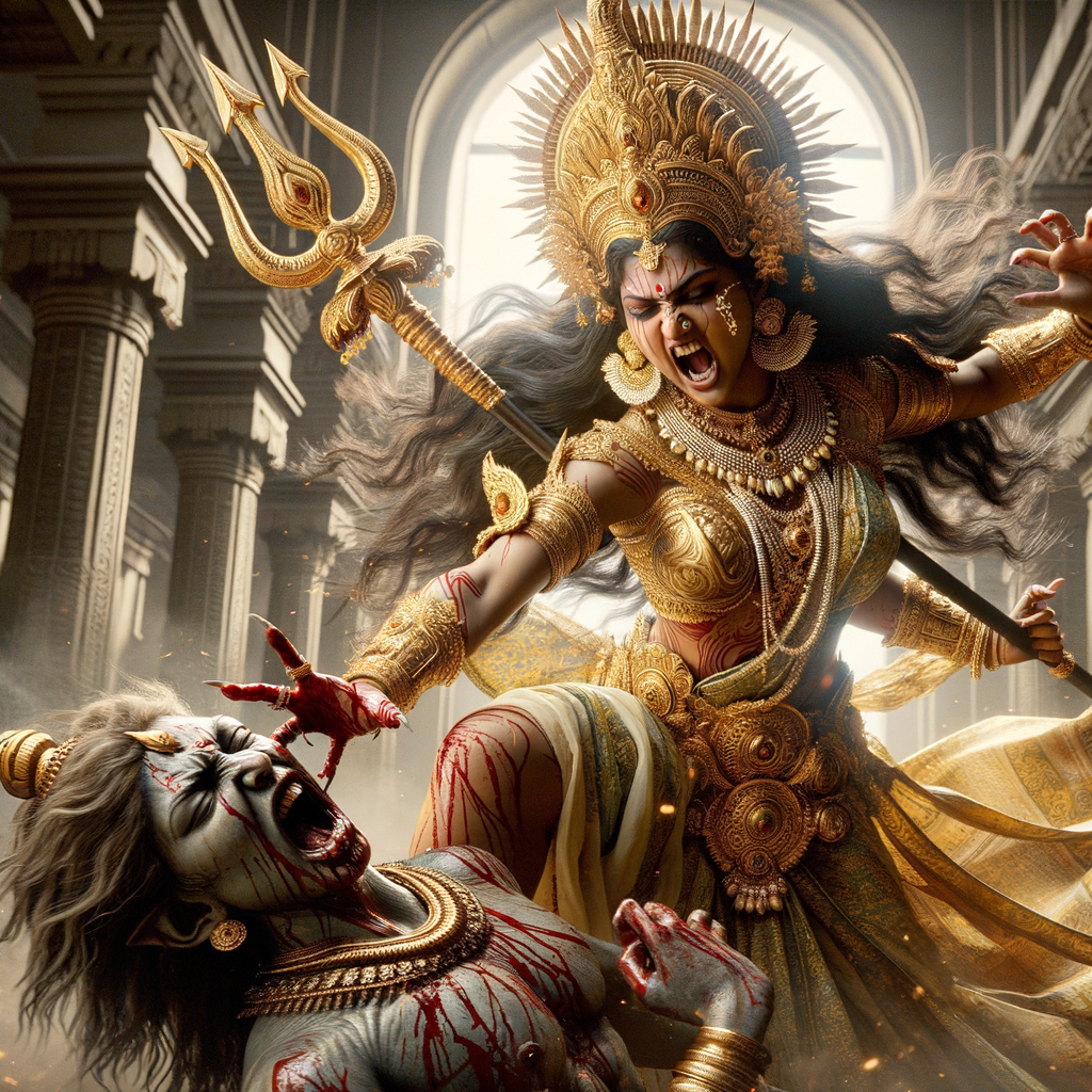 portrait of angry looking, indian goddess lunging at a weak mahishasur with a trident in her hand. She is wearing gold armor, a huge gold crown, gold saree, abundant  gold jewelry, covered in blood. The scene is set in ancient India. The image is 8K resolution, cinematic, photography, ultra detailed face and epic.