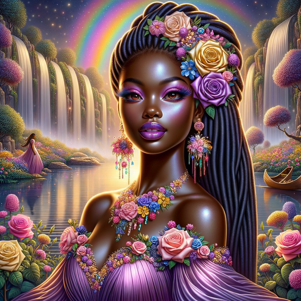 Remix Prompt
S/O Jackie Torres
S/O Panda Locke

create a animated style hyper realistic airbrush whimsical oil painting of a light African American woman wearing a flawless beautiful purple, pink, and gold blossom dress long flowing with colorful flowers and ruffles on the dress colorful jewelry made of flowers she has long black dreadlocks in a bun a colorful rose in her hair her peep toe shoes is matching her dress behind her is a beautiful waterfall liquid glowing lights beautiful colorful rainbow surrounded by beautiful roses.