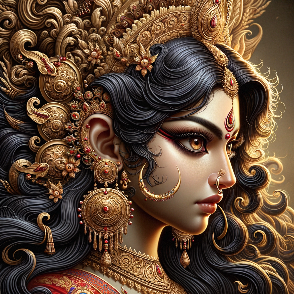 Side view portrait of gorgeous and angry goddess durga. intricately detailed depiction of a goddess. gold jewelry all over body. sharp nose, light skin, beautiful brown eyes, wavy black hair, ultra detailed face. Wearing red saree, a lot of ear piercings, uhd, hdr, 64k, epic scene. Photography, ultra detailed face, epic, 8K