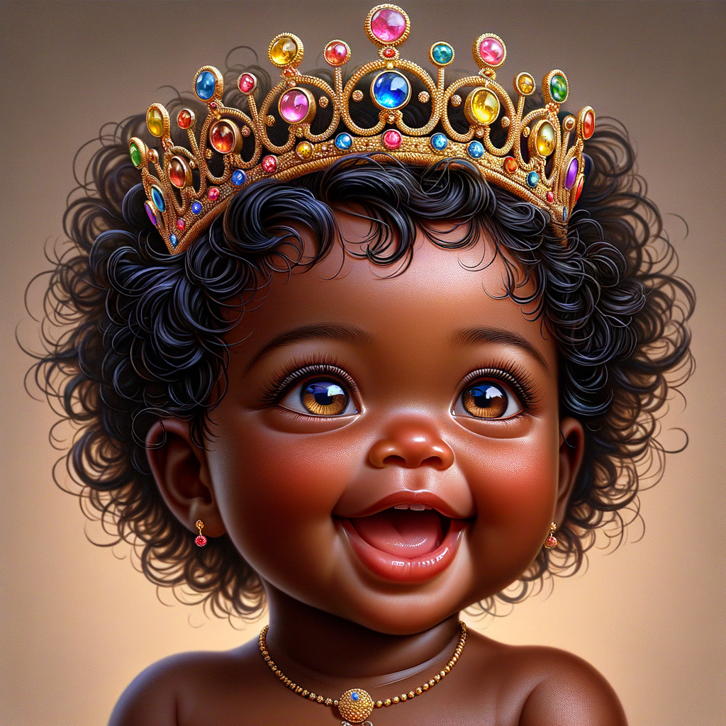 "Create a digital portrait of an adorable african-American baby girl with a joyful expression. She is wearing a gold crown with colorful jewels. Her big, bright blue eyes are wide with wonder, and her tiny mouth is shaped in a happy grin. Her skin has a warm, honey-brown tone, and she has an abundance of thick curly black hair, The background is soft and neutral to keep the focus on her delightful features. The portrait should be vibrant and heartwarming, celebrating the innocence and charm of childhood."