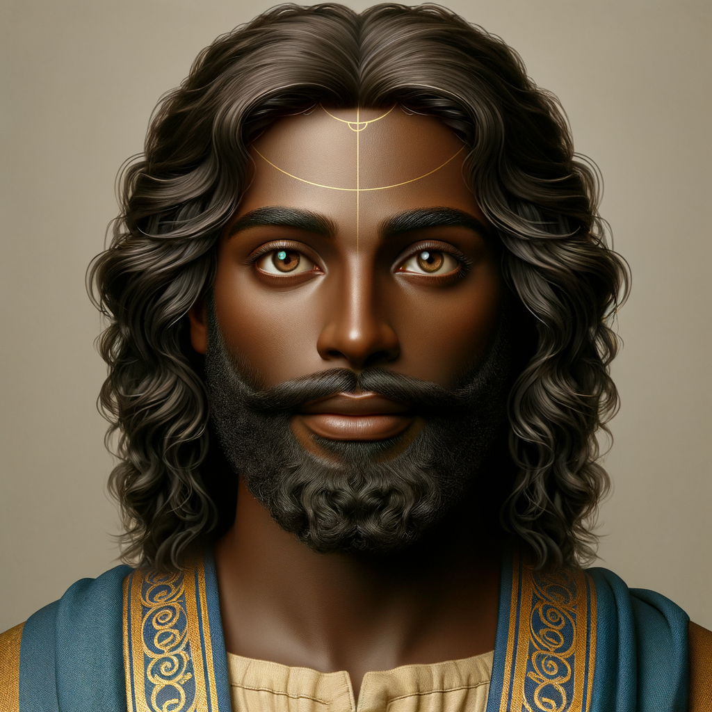 Create handsome African-American, Jesus, with Hazel Brown eyes wearing a blue and gold robe