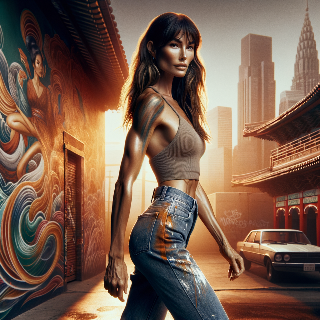 Athletic Thin skinny Attractive, Asian teenage girl, long brown hair and bangs, wearing tight skinny jeans and a halter top paint marks on her clothing, heroic pose Asian graffiti background, backside view