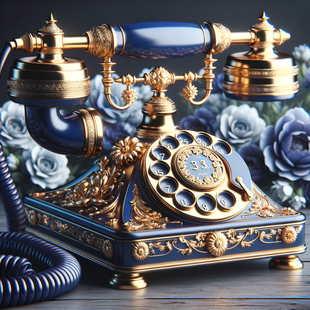 Create an image of an ornate vintage telephone with a sophisticated design, combining royal blue and gold colors. The body and receiver of the phone should be a deep, lustrous blue, with intricate gold embellishments and floral patterns etched into the metal. The circular dial is also detailed with gold accents. The coiled cord should be a matching blue. In the background, soft-focus, elegant flowers add a natural and aesthetic touch, complementing the phone’s luxurious look. There should be no text or watermarks present.