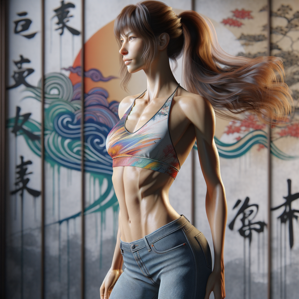 Athletic Thin skinny Attractive, Asian teenage girl, long brown hair and bangs, wearing tight skinny jeans and a halter top paint marks on her clothing, heroic pose Asian graffiti background, side view