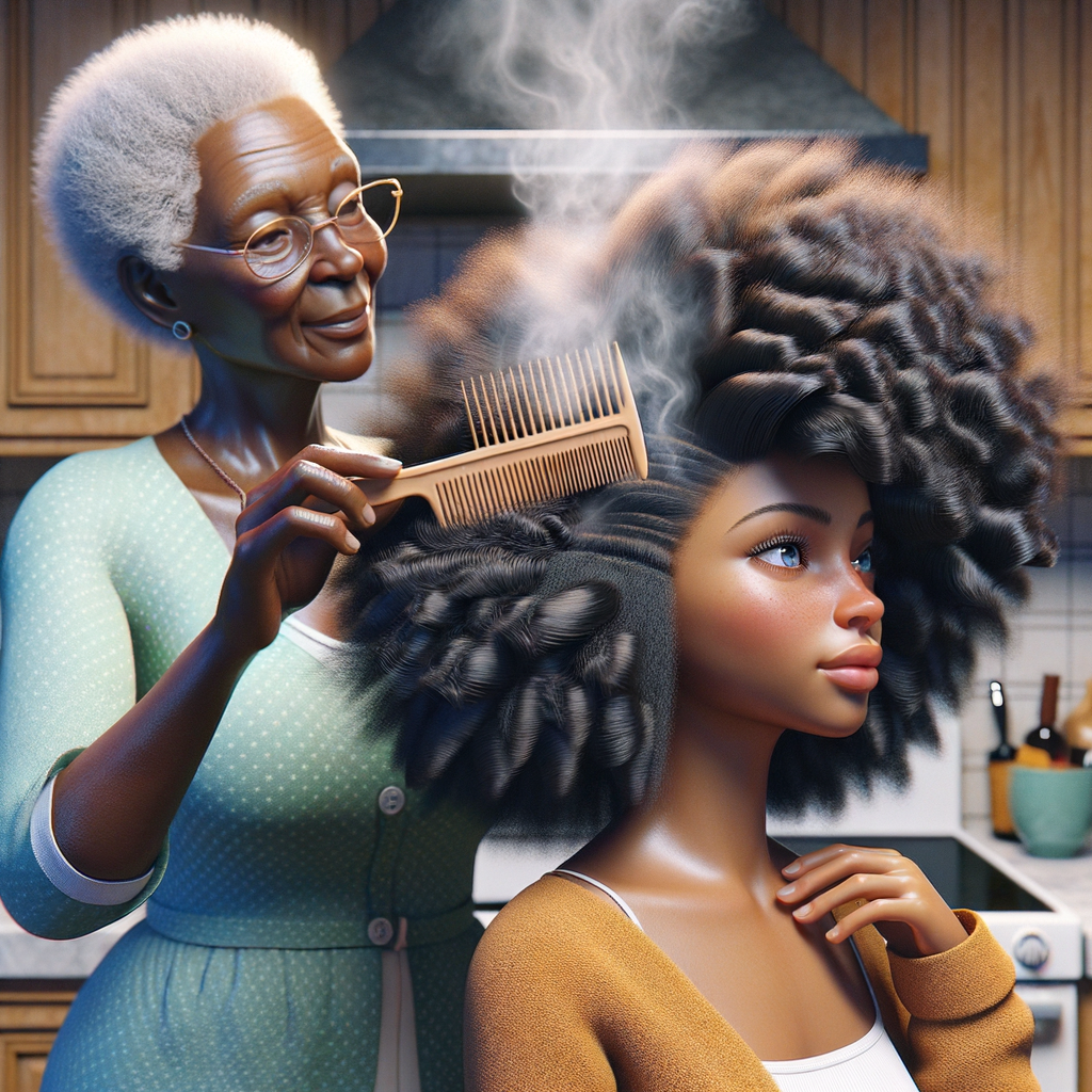 Create a realistic 3-D image of an african-American grandmother in the kitchen with her african-American granddaughter. The grandmother has a hot comb in her hair and she is straightening her granddaughters hair. One side of her granddaughters hair is in  a Afro the other is bone straight 
There is smoke coming from the hot comb