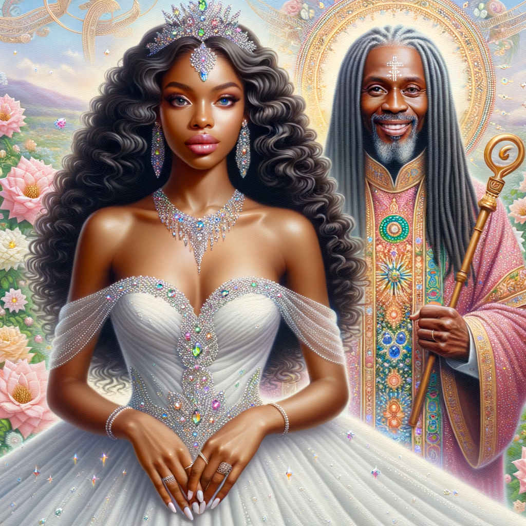 Create a 3-D realistic oil, painting of a beautiful African-American bride. She has long flooring, wavy hair and her gown has beautiful jewels around the neckline. in the background there is a beautiful African-American Jesus Christ with long dreadlocks, and he is smiling. He is very handsome pastel flowers throughout the image.