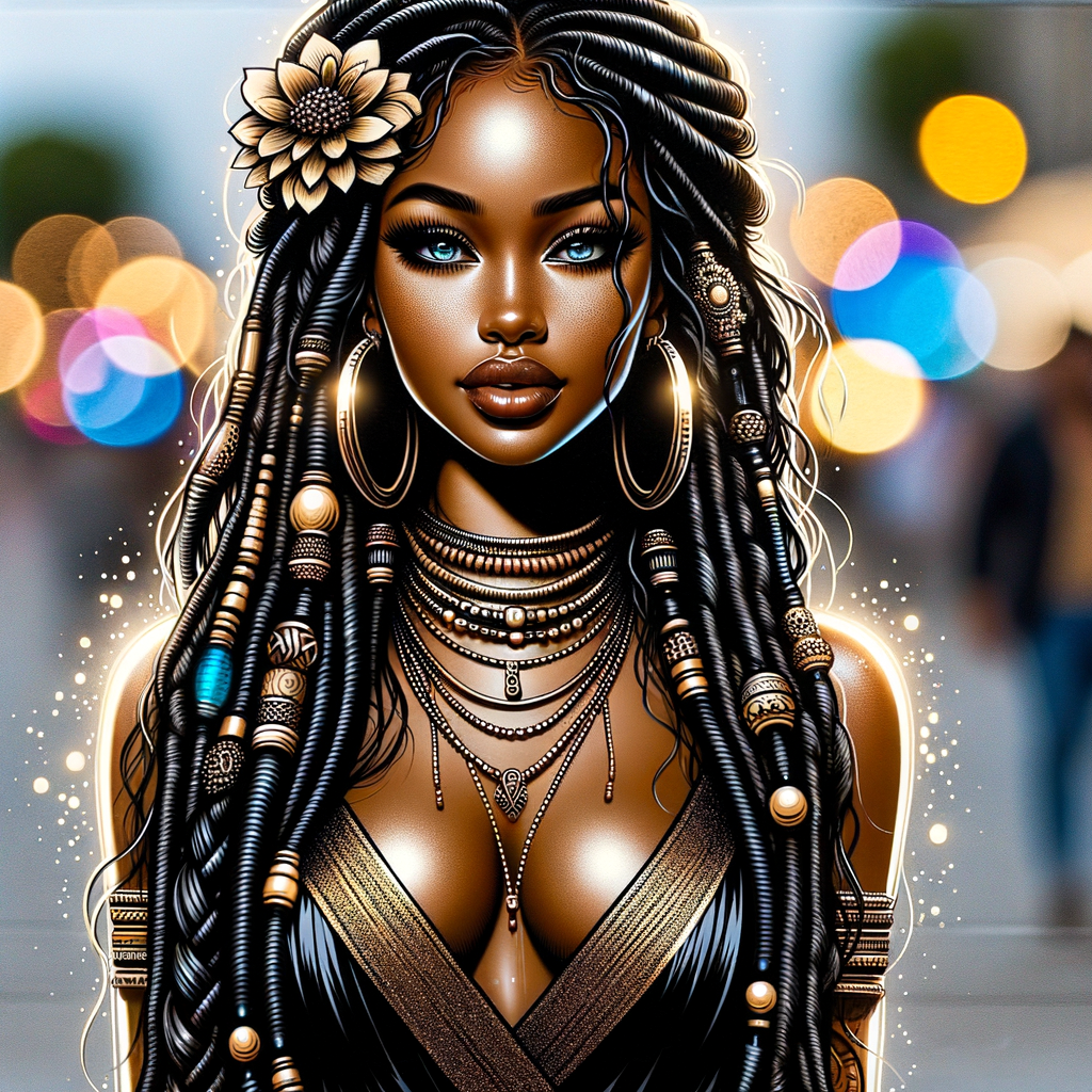 Street art style of a beautiful African American slim thick tan Indian woman dressed in black and gold dress, long black silky dreadlocks with a flower in her hair, sandals, Indian jewelry, full lips, long lashes, beautiful nails, pretty smile,hoop earrings multiple necklaces, blue siren eyes, nude lipstick, electrostatic art, color contrast high definition bokeh background