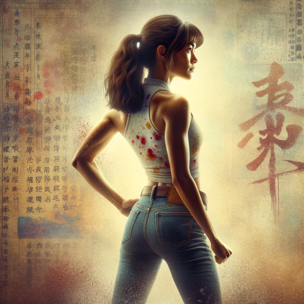 Athletic Thin skinny Attractive, Asian teenage girl, long brown hair and bangs, wearing tight skinny jeans and a halter top paint marks on her clothing, heroic pose Asian graffiti background, backside view