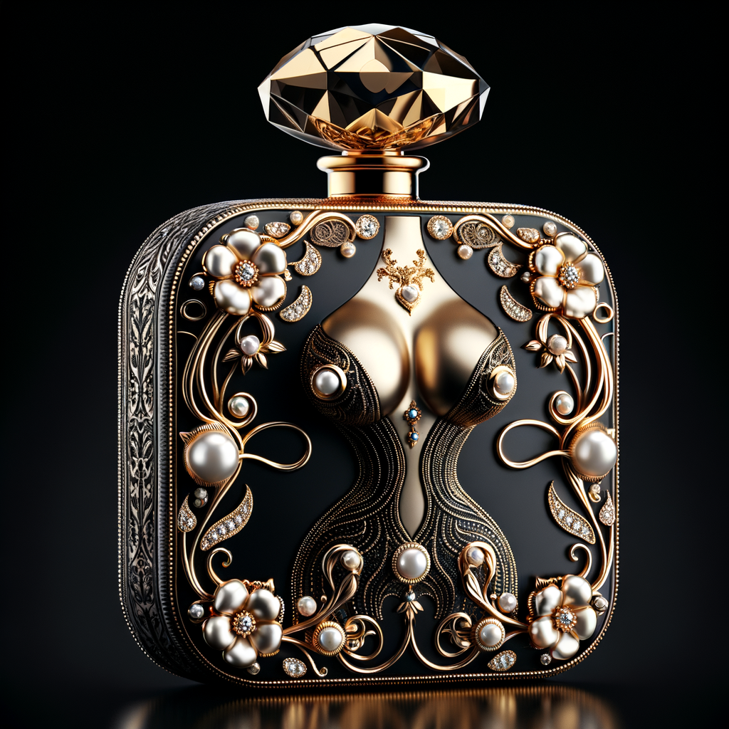 Design a fancy, black and gold bottle of perfume in the shape of a woman’s body. With a golden diamond top, flowers pearls and Diamonds in the name, Karen