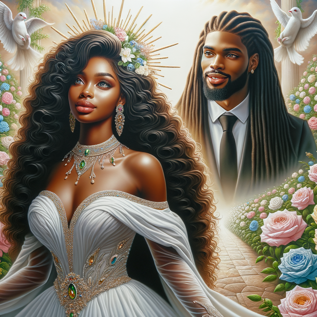 Create a 3-D realistic oil, painting of a beautiful African-American bride. She has long flooring, wavy hair and her gown has beautiful jewels around the neckline. in the background there is a beautiful African-American Jesus Christ with long dreadlocks, and he is smiling. He is very handsome pastel flowers throughout the image.