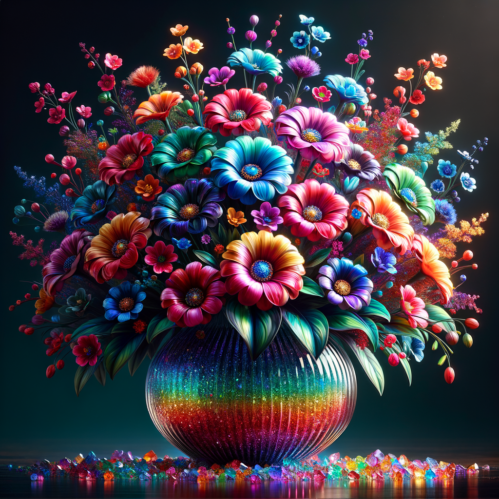 A vibrant and whimsical bouquet of glossy, multicolored flowers, each petal radiating joy in a spectrum of red, pink, blue, purple, orange, and yellow hues, assembled in a reflective, curved glass vase. The stems and leaves are rendered in rich, lifelike greens, contrasting beautifully with the brightly hued petals. The vase, positioned on a dark surface, holds a magical arrangement where the lower half is filled with layers of sparkling, jewel-toned crystals, creating a rainbow gradient from green to blue to fiery orange. Each flower seems to have a character of its own, contributing to a cheerful and enchanting composition that exudes the essence of a dreamy, enchanted garden.