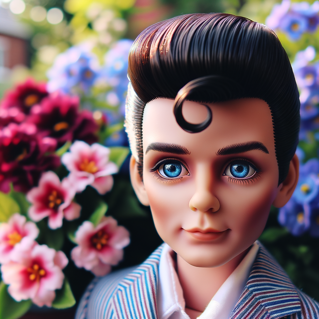 Elvis Presley doll with huge blue eyes flowers in the background