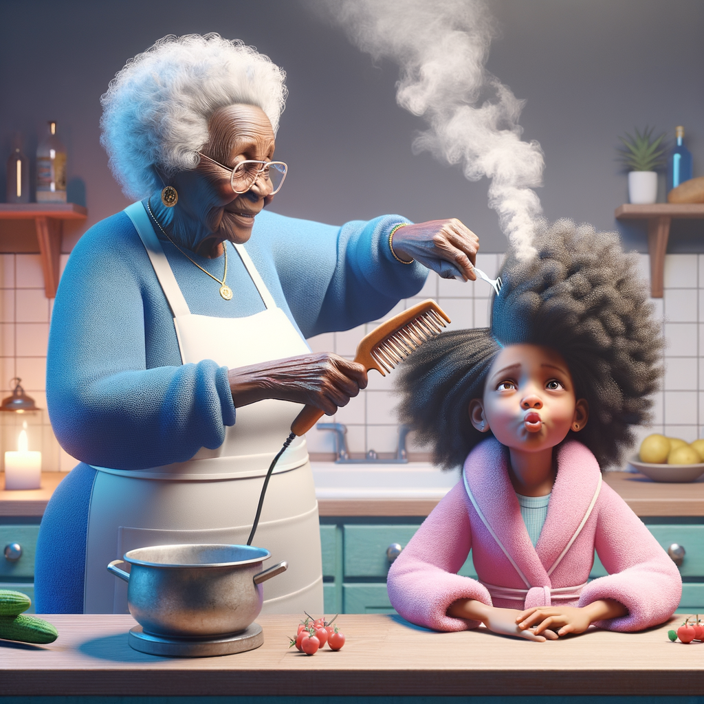 Create a realistic 3-D image of an african-American grandmother wearing a blue house dress and a white apron . She is in the kitchen with her african-American granddaughter. Her granddaughter is wearing a pink bath robe. The grandmother has a hot comb in her hand and she is straightening her granddaughters hair. One side of her granddaughters hair is in  a Afro the other straight 
There is smoke coming from the hot comb
The granddaughter is making a face