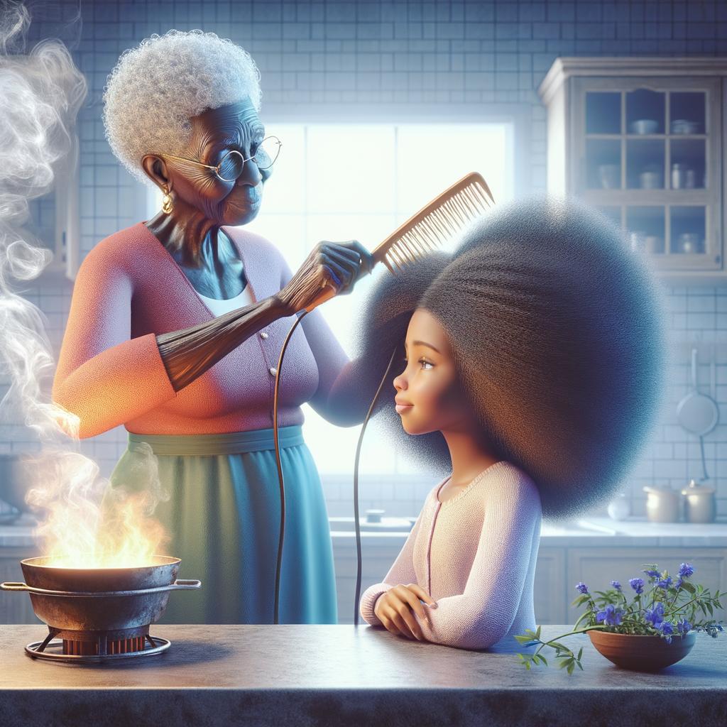 Create a realistic 3-D image of an african-American grandmother in the kitchen with her african-American granddaughter. The grandmother has a hot comb in her hair and she is straightening her granddaughters hair. One side of her granddaughters hair is in  a Afro the other is bone straight 
There is smoke coming from the hot comb