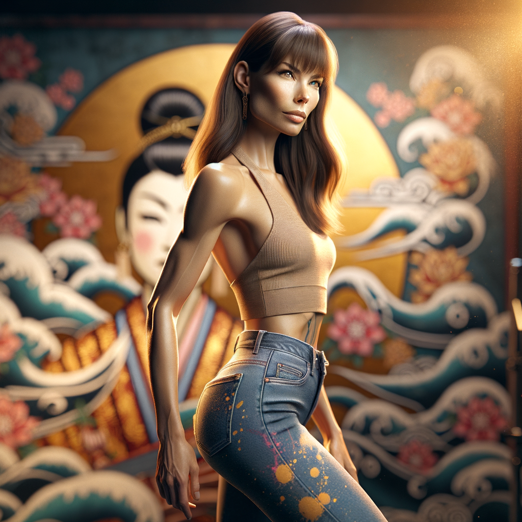 Athletic Thin skinny Attractive, Asian teenage girl, long brown hair and bangs, wearing tight skinny jeans and a halter top paint marks on her clothing, heroic pose Asian graffiti background, side view