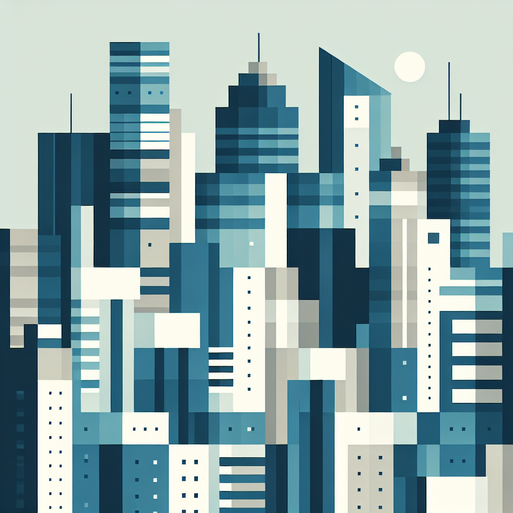 A minimal city skyline composed of stacked rectangles and triangles, each building in a different shade of blue and grey