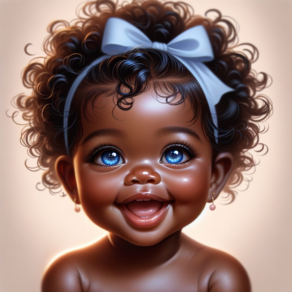 "Create a digital portrait of an adorable african-American baby girl with a joyful expression. Her big, bright blue eyes are wide with wonder, and her tiny mouth is shaped in a happy grin. Her skin has a warm, honey-brown tone, and she has an abundance of curly black hair, playfully tied up with light blue bows. The background is soft and neutral to keep the focus on her delightful features. The portrait should be vibrant and heartwarming, celebrating the innocence and charm of childhood."