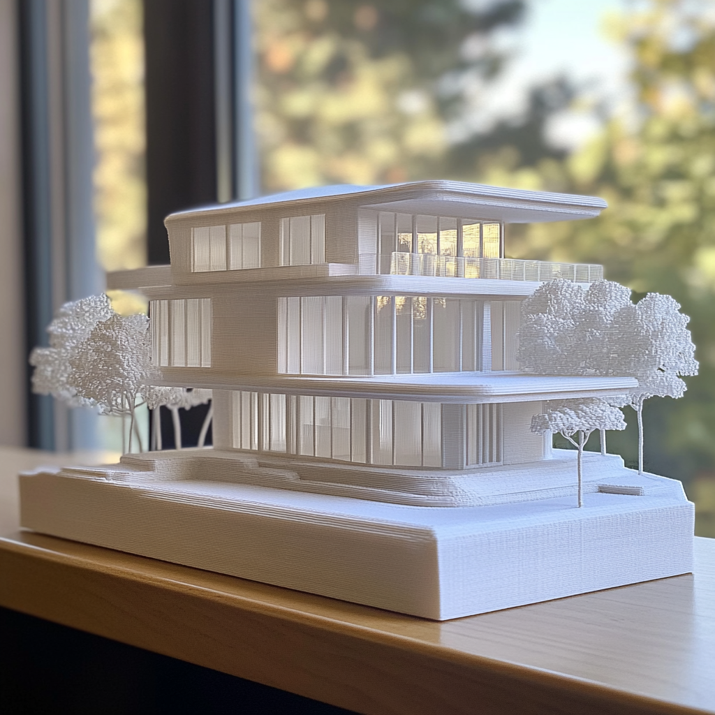 3D printed scale model of a modern house being displayed as art on a wall