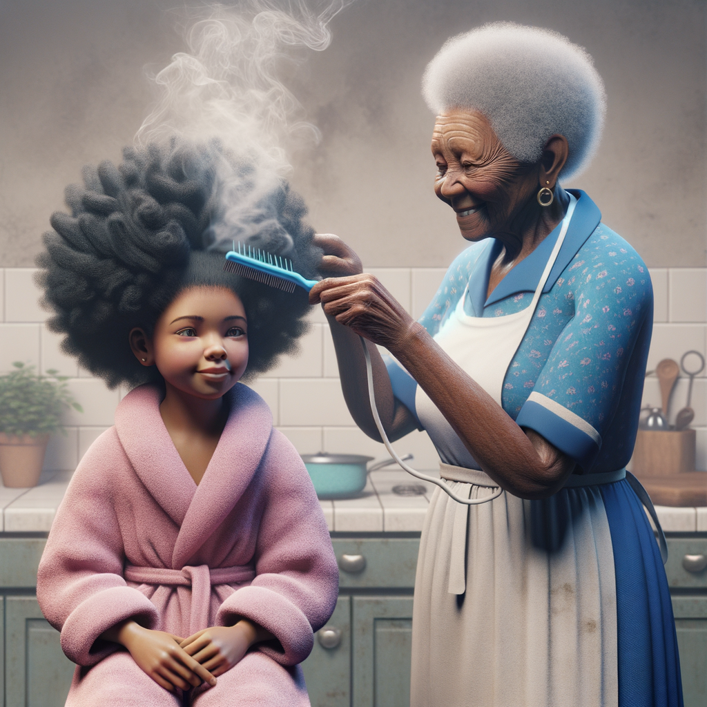 Create a realistic 3-D image of an african-American grandmother wearing a blue house dress and a white apron . She is in the kitchen with her african-American granddaughter. Her granddaughter is wearing a pink bath robe. The grandmother has a hot comb in her hand and she is straightening her granddaughters hair. One side of her granddaughters hair is in  a Afro the other straight 
There is smoke coming from the hot comb
The granddaughter is making a face