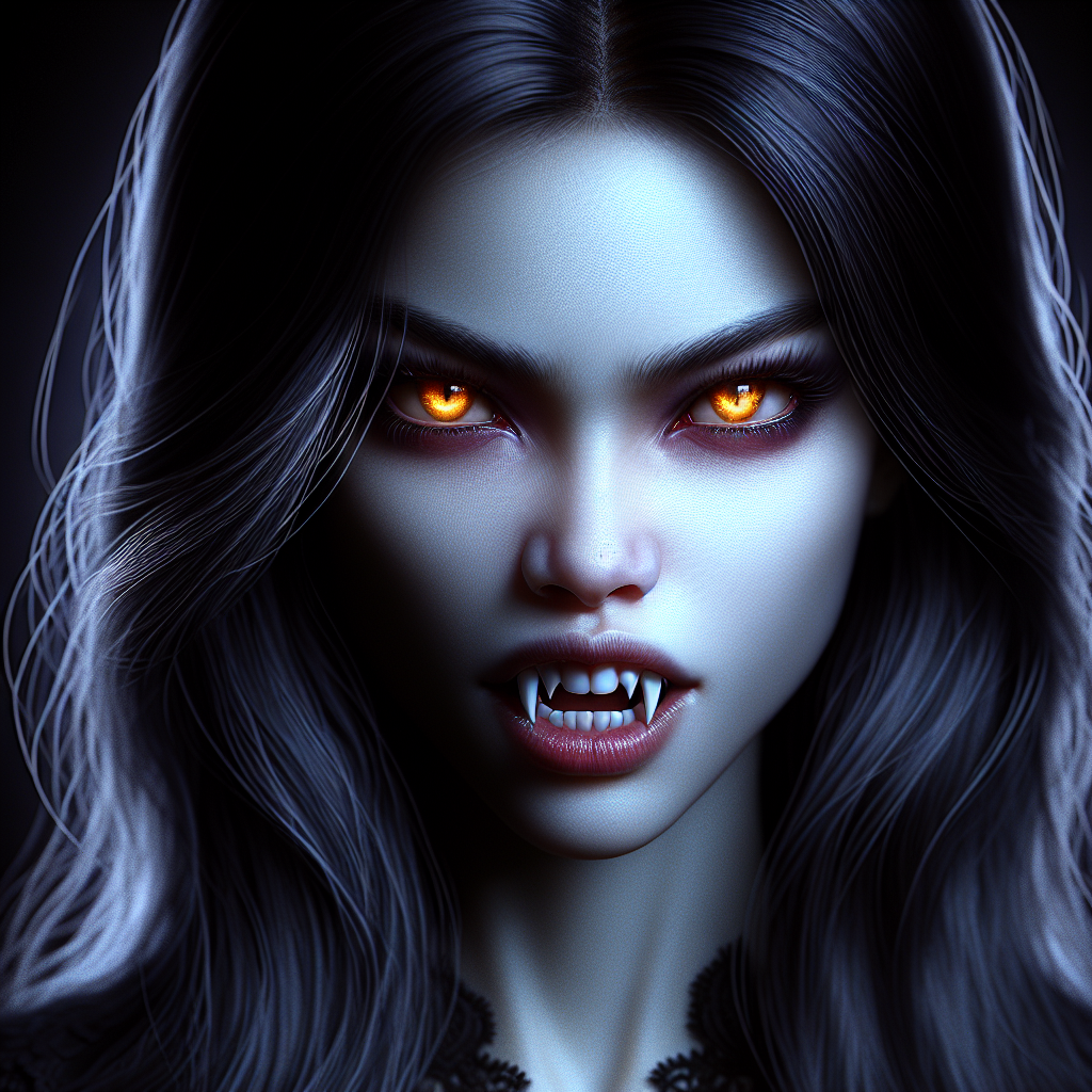 Generate a hyper-realistic portrait of a fierce young female vampire with glowing, intense eyes. She should be depicted in a snarl, showcasing prominent, razor-sharp fangs.