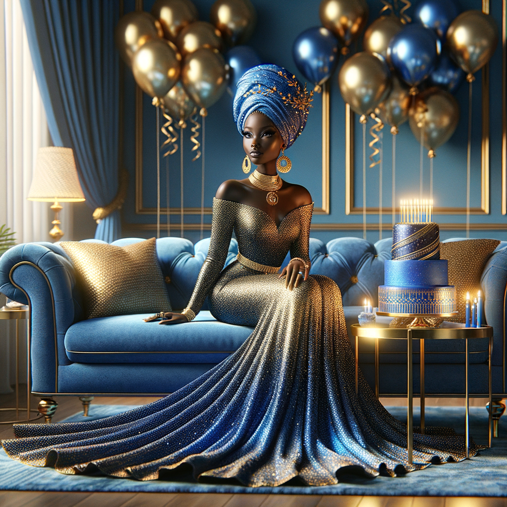 Create a 3-D realistic, African-American woman, she is seated on a luxurious blue couch. She is dressed in a splendid blue and gold gown, with the fabric shimmering like a starlit night sky. Her outfit is complemented by gold earrings and a chic blue and gold head wrap crowning her head with elegance. Beside her, a beautifully decorated birthday cake adorned with blue and gold icing, stands on a small table, with candles waiting to be wished upon. In the air, blue and gold balloons catch the light, adding a touch of magic. The room itself is a harmony of celebration, with hints of gold accents against blue decor, creating an atmosphere of joyous celebration.