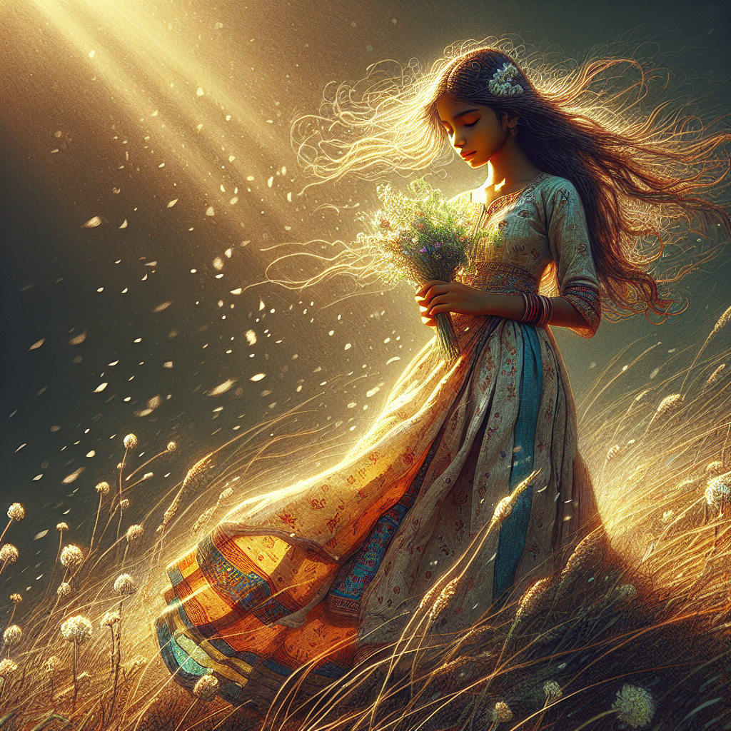 A young girl in a flowing dress, holding a small bouquet of wildflowers. She’s standing on a grassy hilltop, her hair gently blowing in the breeze. The warm sunlight illuminates her face, creating a calm and nostalgic mood