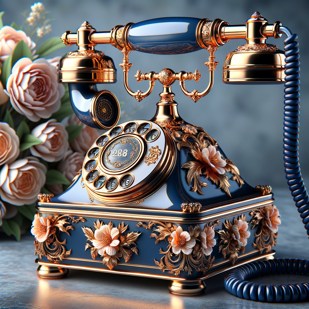 Create an image of an ornate vintage telephone with a sophisticated design, combining royal blue and gold colors. The body and receiver of the phone should be a deep, lustrous blue, with intricate gold embellishments and floral patterns etched into the metal. The circular dial is also detailed with gold accents. The coiled cord should be a matching blue. In the background, soft-focus, elegant flowers add a natural and aesthetic touch, complementing the phone’s luxurious look. There should be no text or watermarks present.