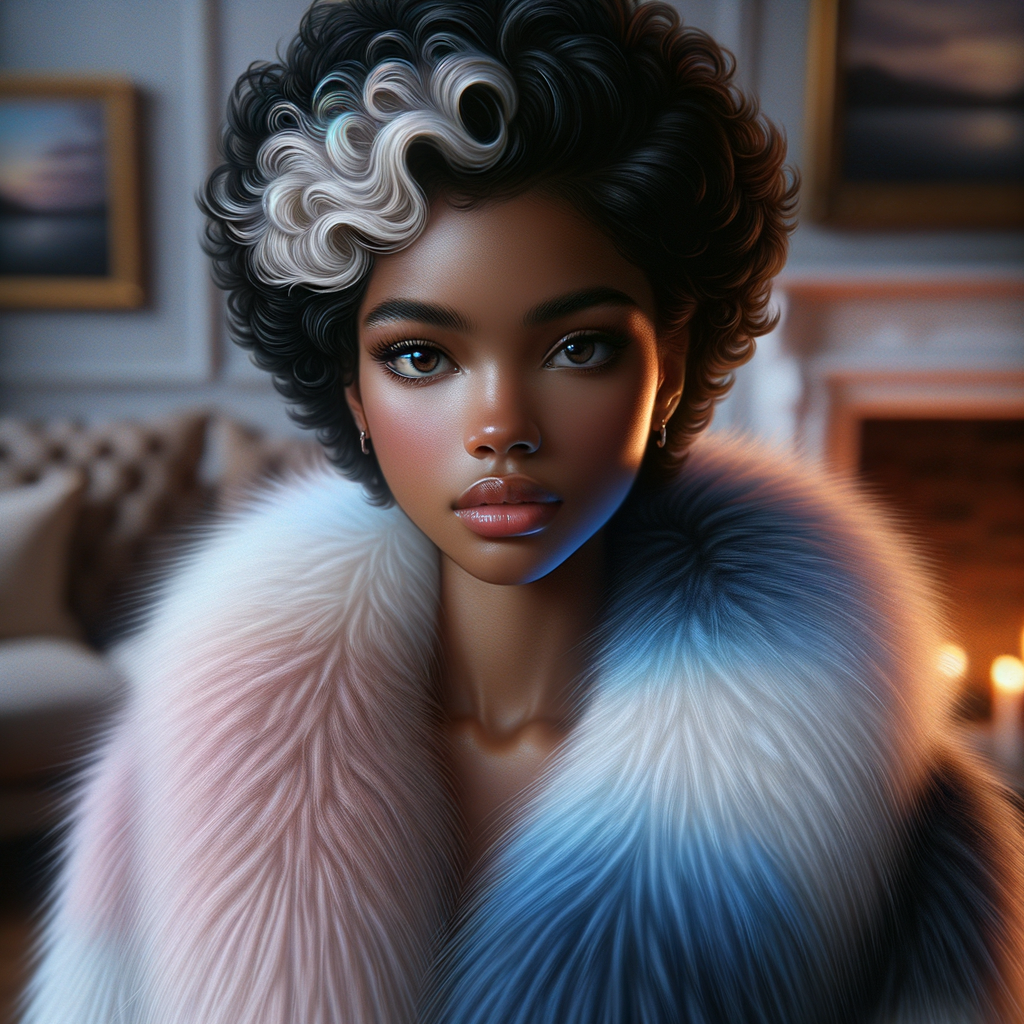 a full body veiw of a colorful gloss hyper realistic oil painting of a regal beautiful light skinned afro  American girlwith beautiful pixie cut one side of hair is black and the other side  of her hair white slick baby hair and furry white and pink and blue furry coat and outfit under the coat standing in living room with fireplace