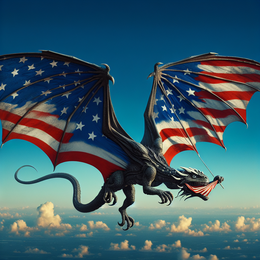 Create an image of a dark-scaled, dragon-like creature with wings—one red, the other blue—sporting a rooster's head, and clutching an American flag in its beak as it soars through the sky.