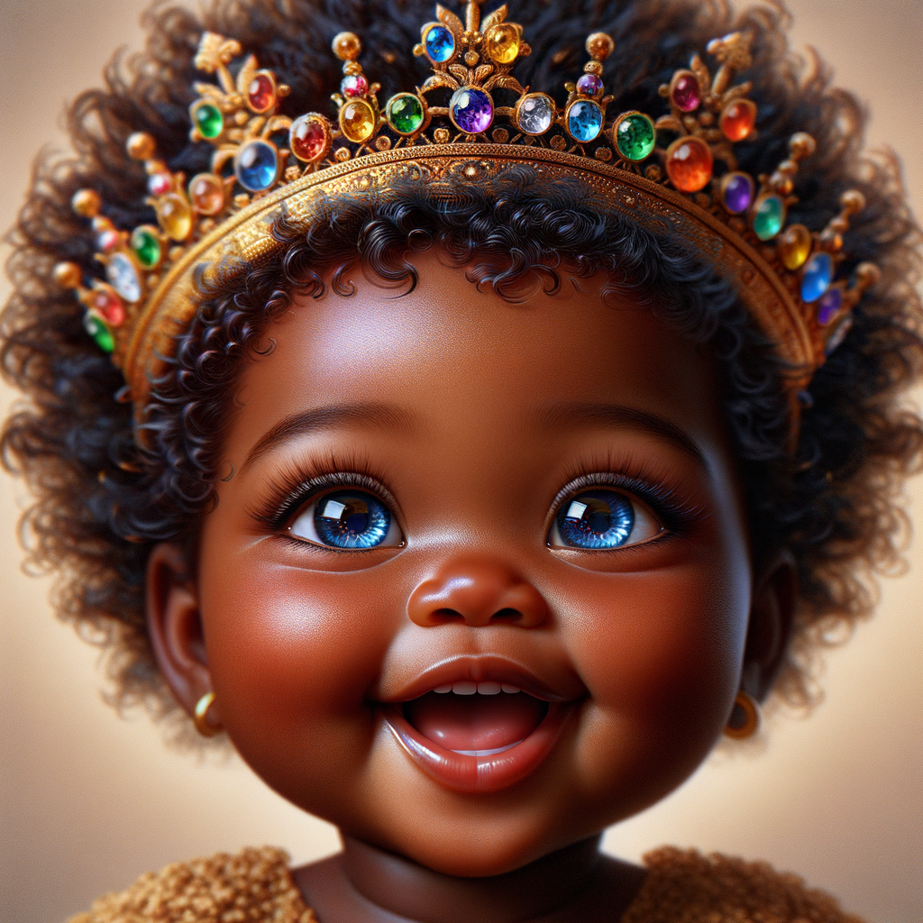 "Create a digital portrait of an adorable african-American baby girl with a joyful expression. She is wearing a gold crown with colorful jewels. Her big, bright blue eyes are wide with wonder, and her tiny mouth is shaped in a happy grin. Her skin has a warm, honey-brown tone, and she has an abundance of thick curly black hair, The background is soft and neutral to keep the focus on her delightful features. The portrait should be vibrant and heartwarming, celebrating the innocence and charm of childhood."