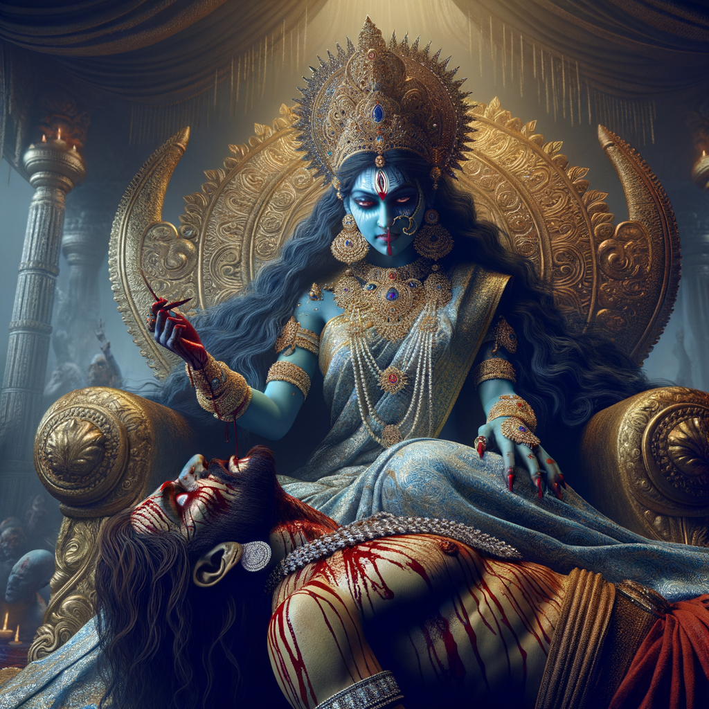 portrait of extremly angry looking goddess kali, blue skinned, sitting on a gold crown and carrying a weak mahishasur on her lap and stabbing him with her amazing long red finger nails. She is wearing diamond armor, a huge diamond crown, red saree, abundant diamond jewelry, covered in blood. The scene is set in ancient India. The image is 8K resolution, cinematic, ultra detailed face and epic.