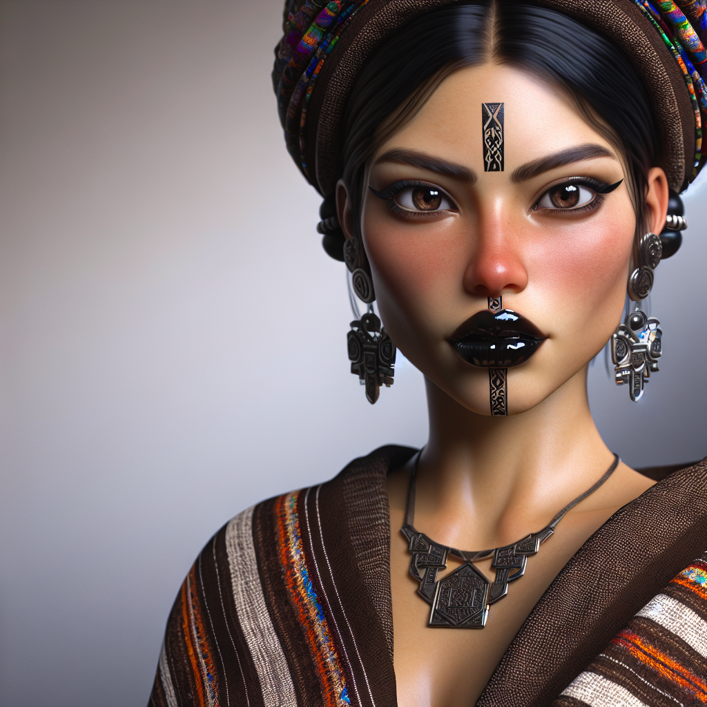 Design a character that blends Aztec, Maya, and Ashkenazi Jewish heritage, characterized by an intelligent expression and captivating presence, with a curvaceous figure and ample bust. Give her glossy black lips and glossy black makeup. Make her topless.